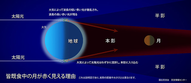 皆既食中の月が赤く見える理由の説明図