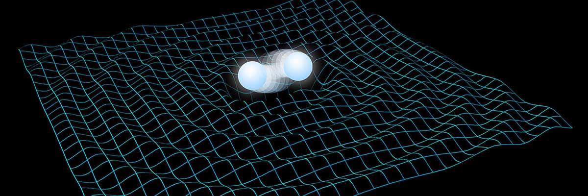 Artistic image of two compact stars merging together with gravitational wave emission.