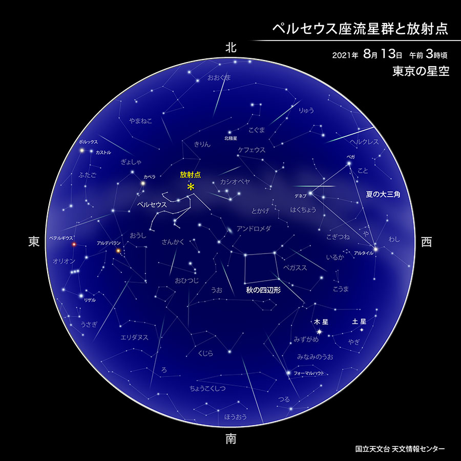 ペルセウス座流星群と放射点：2021年8月13日午前3時頃 東京の星空