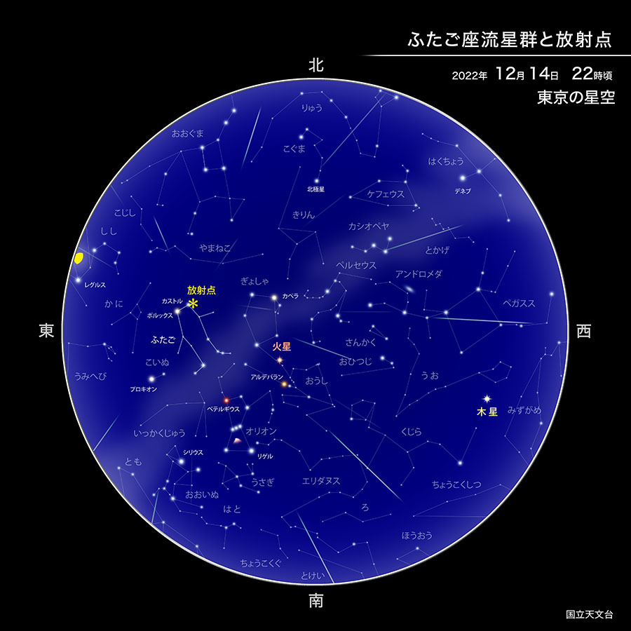 「ふたご座流星群と放射点」2022年12月14日22時頃 東京の星空