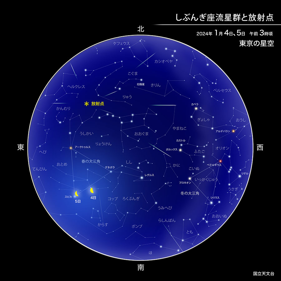 しぶんぎ座流星群と放射点 2024年1月4日、5日 午前3時頃 東京の星空