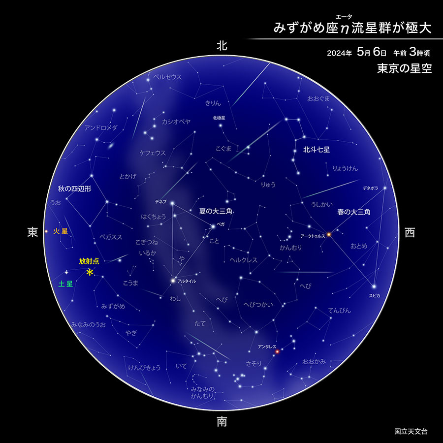 みずがめ座η（エータ）流星群と放射点 2024年5月6日 午前3時頃 東京の星空