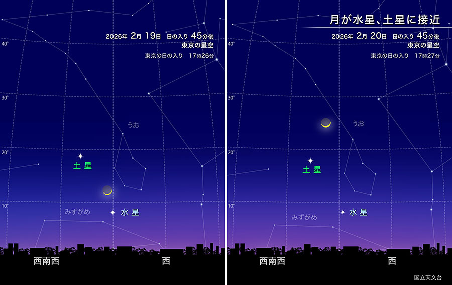月が水星・土星に接近 2026年2月19日、20日、日の入り45分後の東京の空