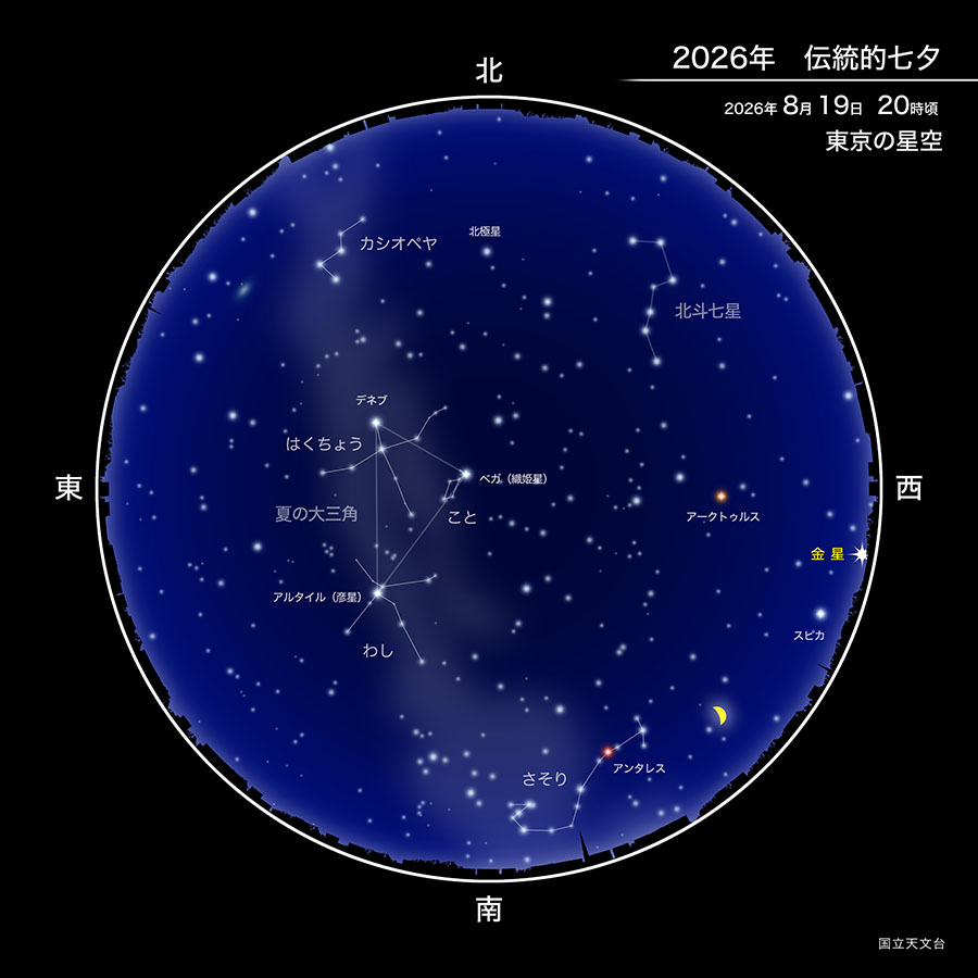 伝統的七夕（2026年8月19日20時頃 東京の星空）