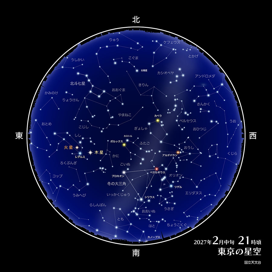 東京の星空（2027年2月中旬21時頃）