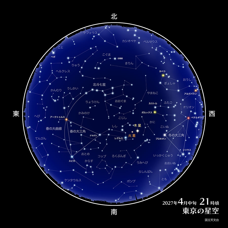 東京の星空（2027年4月中旬21時頃）