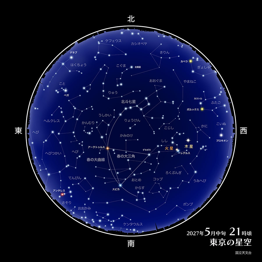 東京の星空（2027年5月中旬21時頃）