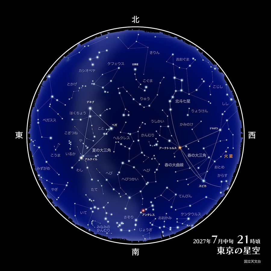 東京の星空（2027年7月中旬21時頃）