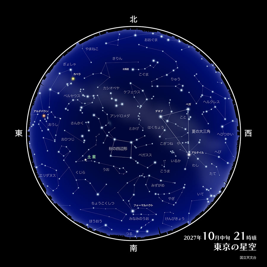 東京の星空（2027年10月中旬21時頃）