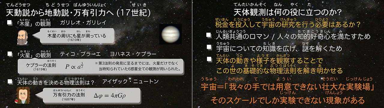 17世紀の天文学の発展と、現代における天体観測の意義を説明している定例観望会の解説資料