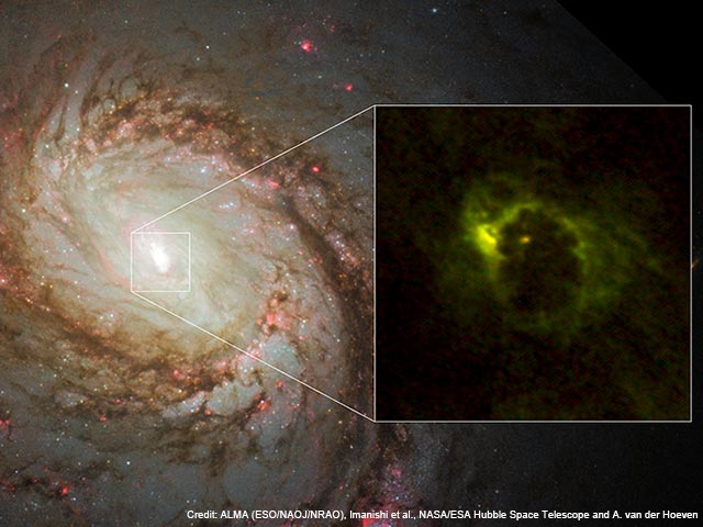 ハッブル宇宙望遠鏡が撮影した渦巻銀河M77の中央部の中心部分をアルマ望遠鏡が観測し、超巨大ブラックホールを取り巻くガスの分布を写し出した図