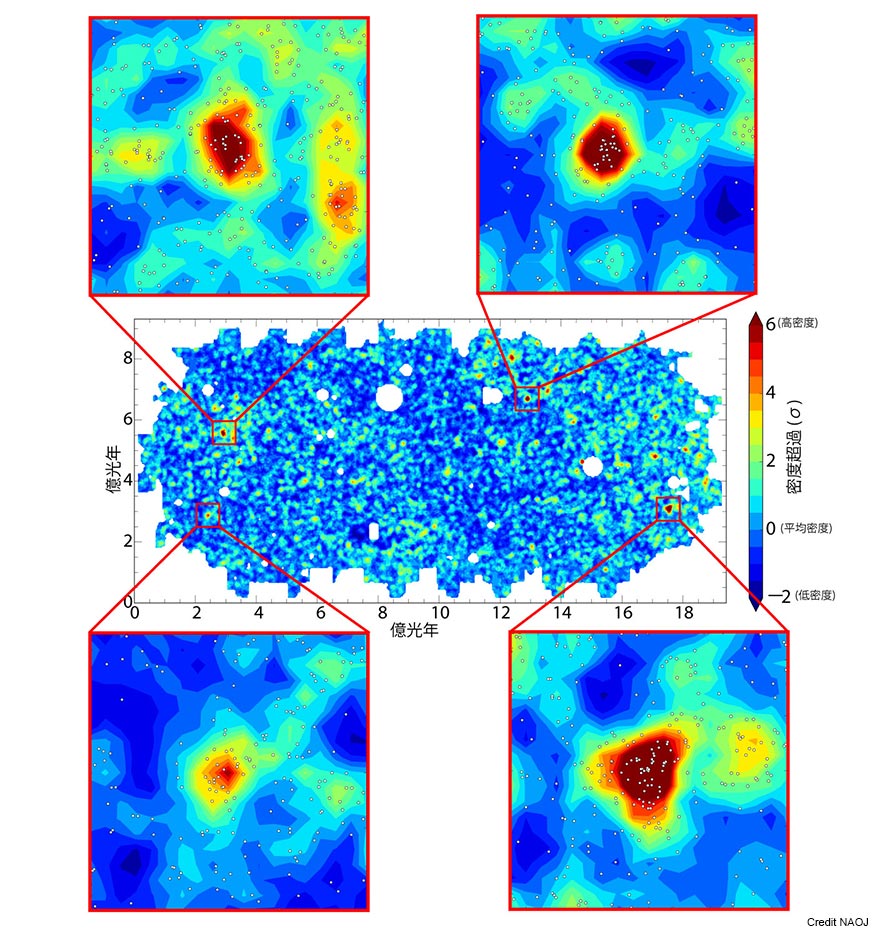 HSCサーベイ（探査観測）により明らかにされた約120億年前の銀河の分布と原始銀河団領域の拡大図