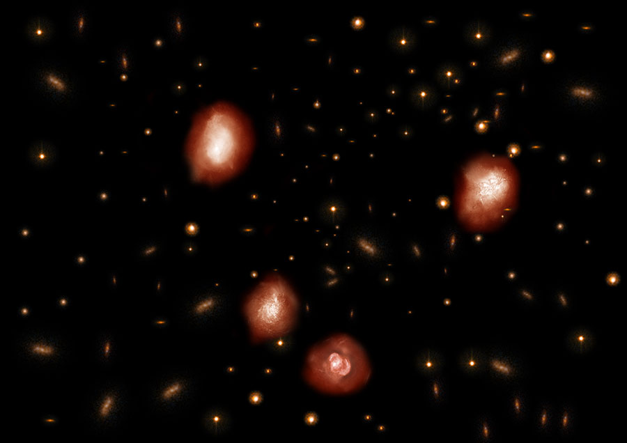 アルマ望遠鏡で観測された、110億年以上過去の宇宙に存在する巨大銀河の想像図