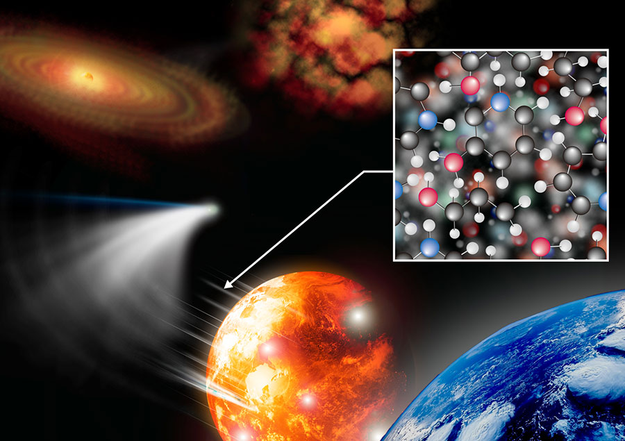 原始太陽系で作られた彗星の有機物が地球にもたらされる様子の模式図