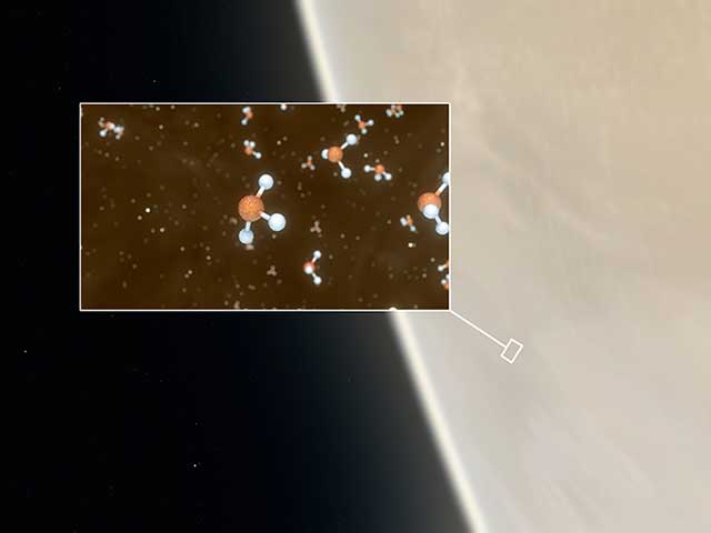図：金星の想像図と、金星の中に見つかったリン化水素のイラスト。 