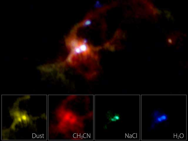 図：アルマ望遠鏡が撮影した原始星のペア「IRAS 16547-4247」の周囲の構造。