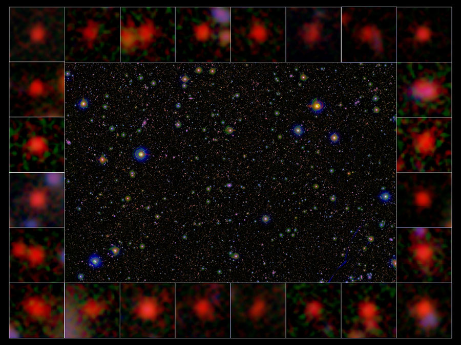 すばる望遠鏡などの観測データから選び出された、約100億年以上前の遠い過去に星形成を終えた多数の銀河（周囲の拡大パネル内の赤色の天体）。中央は、COSMOS領域の広域画像。