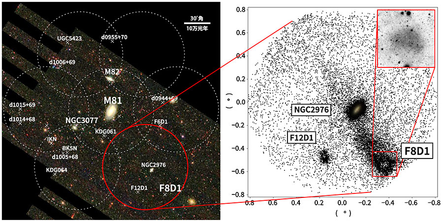 すばる望遠鏡HSCによるM81銀河群の観測領域と、
赤線で囲まれた超淡銀河「F8D1」を含む領域における赤色巨星の分布