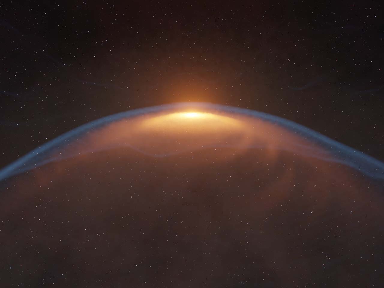 衝撃波によって形がゆがめられた原始惑星系円盤(想像図)