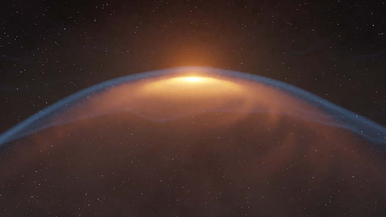  衝撃波によって形がゆがめられた原始惑星系円盤（想像図）