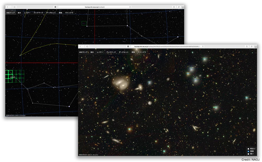 HSCビューワ初期画面（左）と、ある観測領域の緑の枠内を拡大したようす（右）