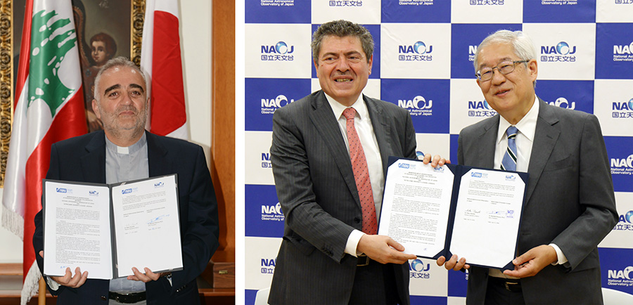 《左》NDUのべシャーラ・クウォーリー学長、《右》ニダル・ヤヒヤー駐日レバノン大使（左）と常田佐久・国立天文台長（右）