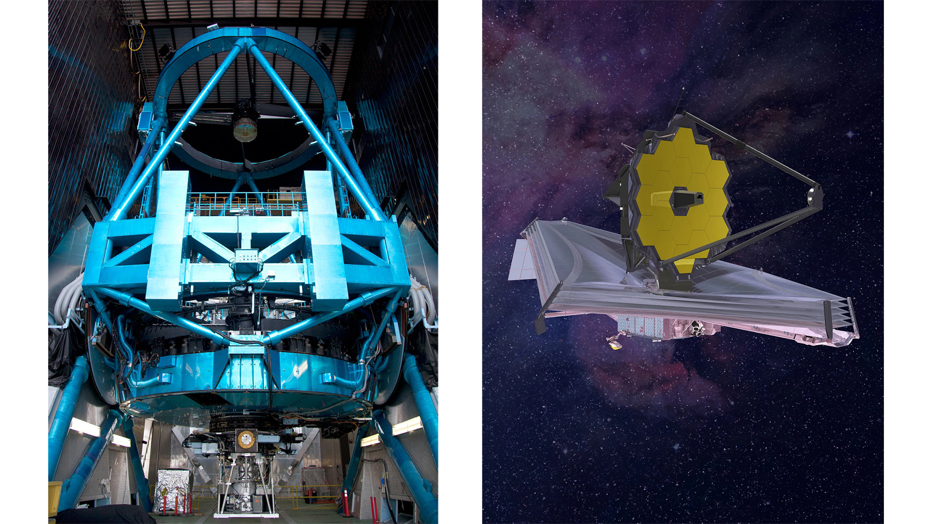 すばる望遠鏡（左）と、打ち上げ後のジェイムズ・ウェッブ宇宙望遠鏡（JWST）の想像図（右）