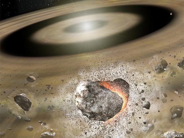 Artist’s impression of gas generation from the collision between objects in a debris disk