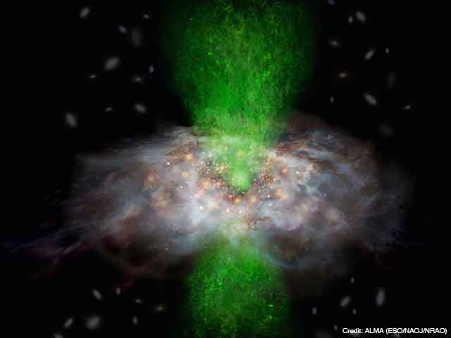 A schematic view of the fact that an ionized gas outflow (green) driven by the central supermassive black hole does not affect the star formation of its host galaxy. 