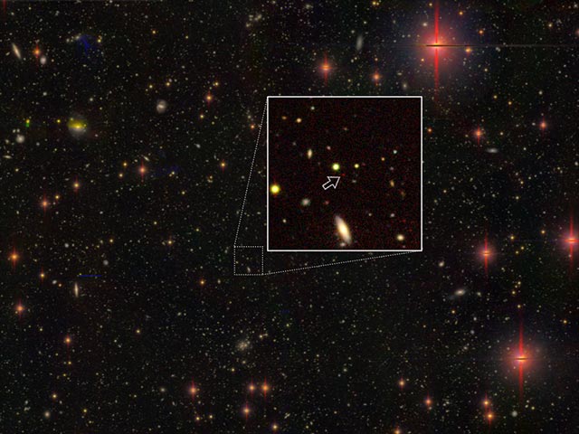 Subaru Telescope image of distant quasar. It shows a lonely quasar in the early Universe, 13.05 billion light-years away from Earth. The other objects in the field are mostly foreground stars and galaxies.