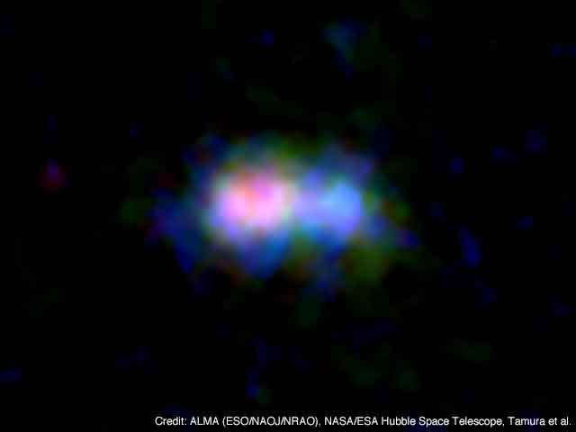 ALMA and Hubble Space Telescope (HST) image of the distant galaxy MACS0416_Y1.