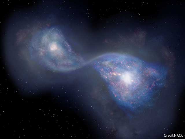 Figure:  Artist’s impression of the merging galaxies B14-65666 located 13 billion light years-away.
