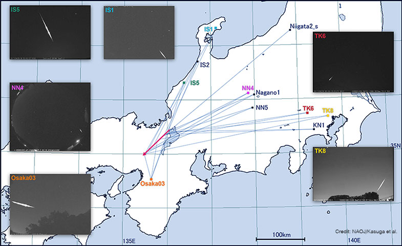 Figure: Images capturing the 2017 fireball from different angles and a map showing where the cameras were located.