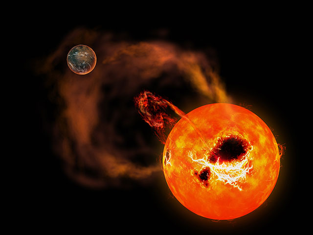 Artist’s impression of the dramatic effect a superflare on a red dwarf star could have on an Earth-like exoplanet orbiting it