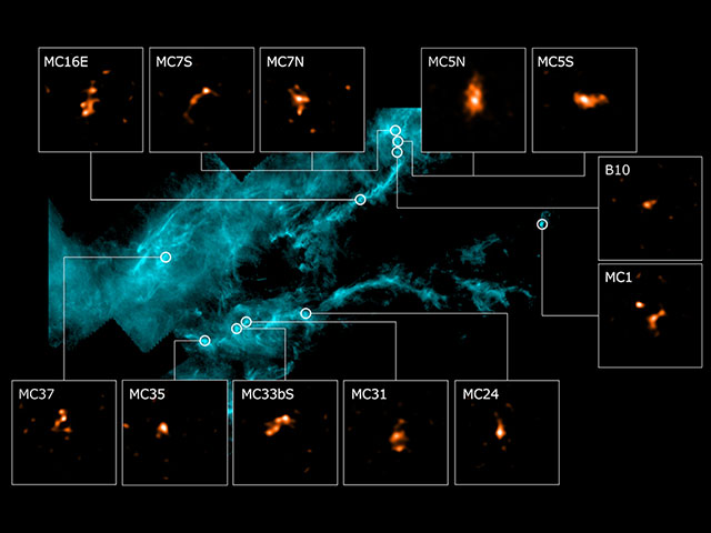 Wide-field far-infrared image of the Taurus Molecular Cloud obtained by the Herschel Space Observatory and stellar eggs observed with ALMA (insets)