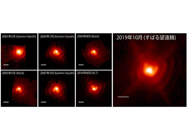 Sequence of 7 mid-IR (~10 micrometers) images of WR 112 taken between 2001 – 2019 by Gemini North, Gemini South, Keck, the Very Large Telescope (VLT), and the Subaru Telescope.