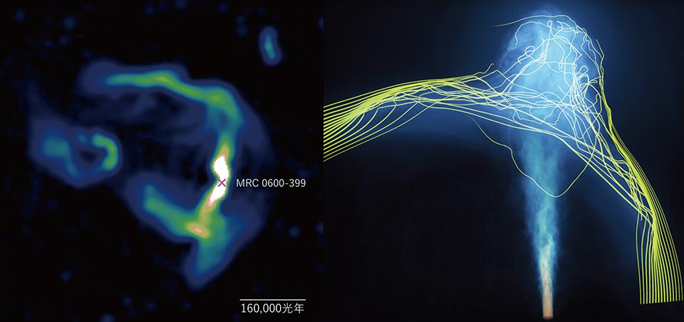 The bent jet structures emitted from MRC 0600-399 as observed by the MeerKAT radio telescope are well reproduced by the simulation conducted on ATERUI II.