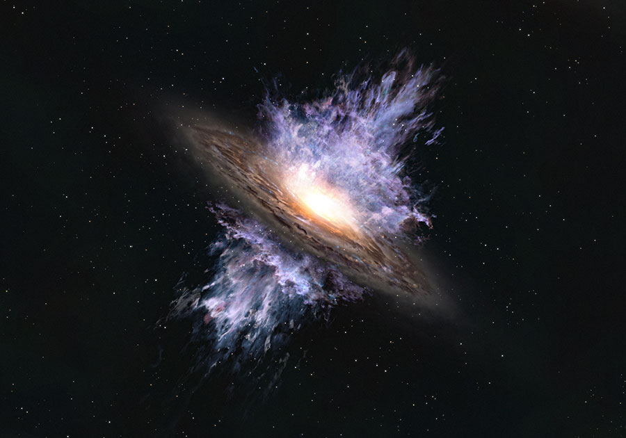 figure: Artist's impression of a galactic wind driven by a supermassive black hole located in the center of a galaxy