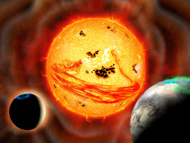 Dragon’s Breath: Artist’s impression of a supermassive filament released by a superflare on EK Draconis approaching young planets.