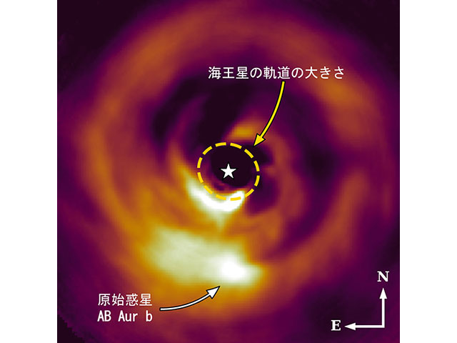 Image of the star AB Aurigae taken by the Subaru Telescope showing the spiral arms in the disk and the newly-discovered protoplanet AB Aur b