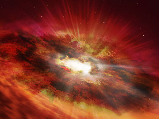 Artistic impression of a young growing black hole emerging from the center of a dusty starburst galaxy.