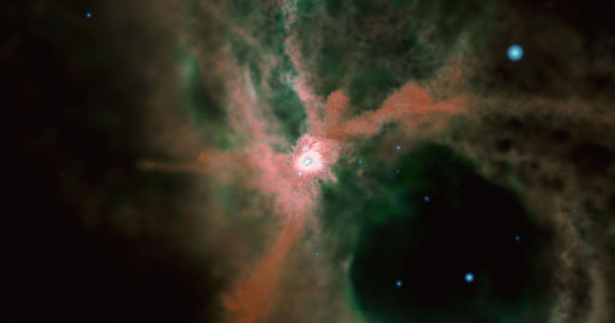 Simulated star cluster partially embedded in a cloud of hydrogen gas.