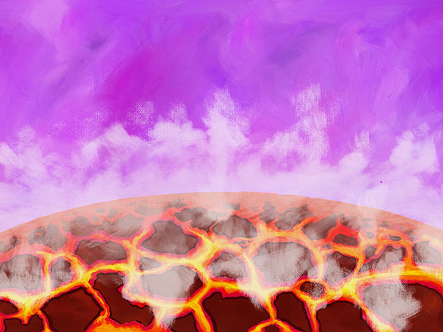 Artist’s impression of the molten surface of a young planet reacting with its atmosphere to form water vapor