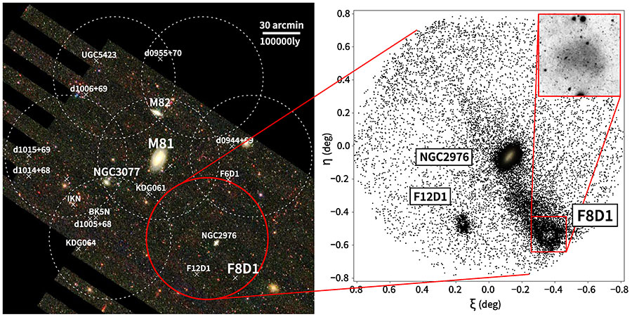 (Left) M81 Group survey footprint (white and red circles) overlaid on a Sloan Digital Sky Survey image.  (Right) The spatial distribution of red giant branch stars at the same distance as F8D1 in the field delineated by the red circle in the left panel.