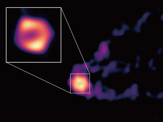 Millimeter-VLBI image of the jet and the black hole shadow in M87, obtained with the GMVA array including ALMA and the Greenland Telescope.
