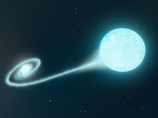 Artist’s impression of helium-rich material from a companion star accreting onto a white dwarf