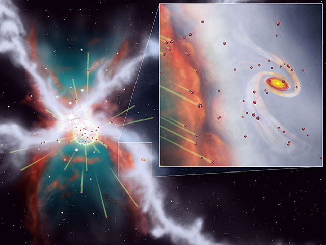 Artist’s impression of the blast wave from a supernova colliding with the molecular cloud filament where the Sun is forming.