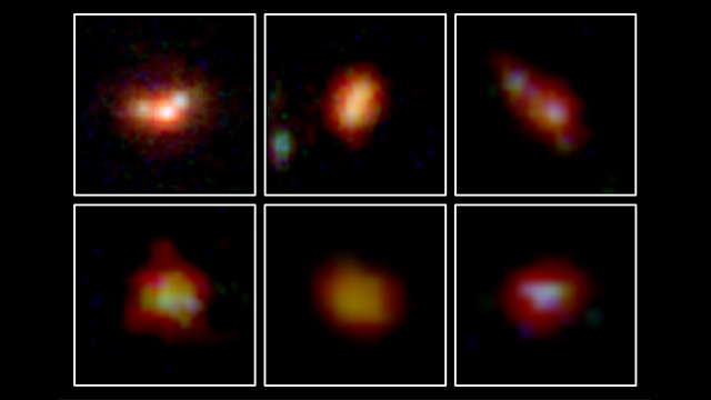 JWST infrared images of 6 galaxies from 500-700 million years after the birth of the Universe.