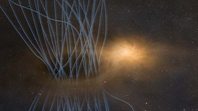 Artist’s conception of a ‘sneeze’ of magnetic field lines, dust, and gas ejected from a baby star