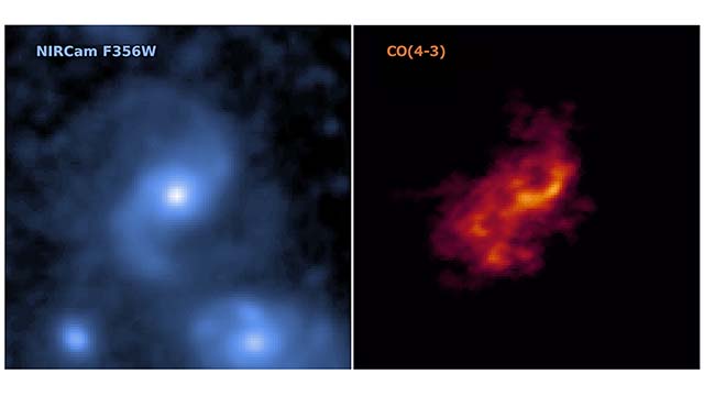 Left: The galaxy J0107a observed in infrared light with the James Webb Space Telescope. Right: The gas distribution in J0107a observed with ALMA.